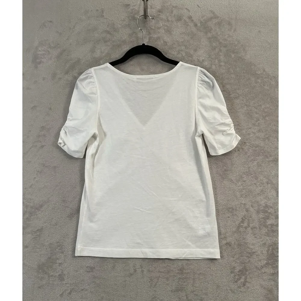 Loft White Ruched V-Neck Puff Sleeve White Shirt Size XS Balletcore Coquette